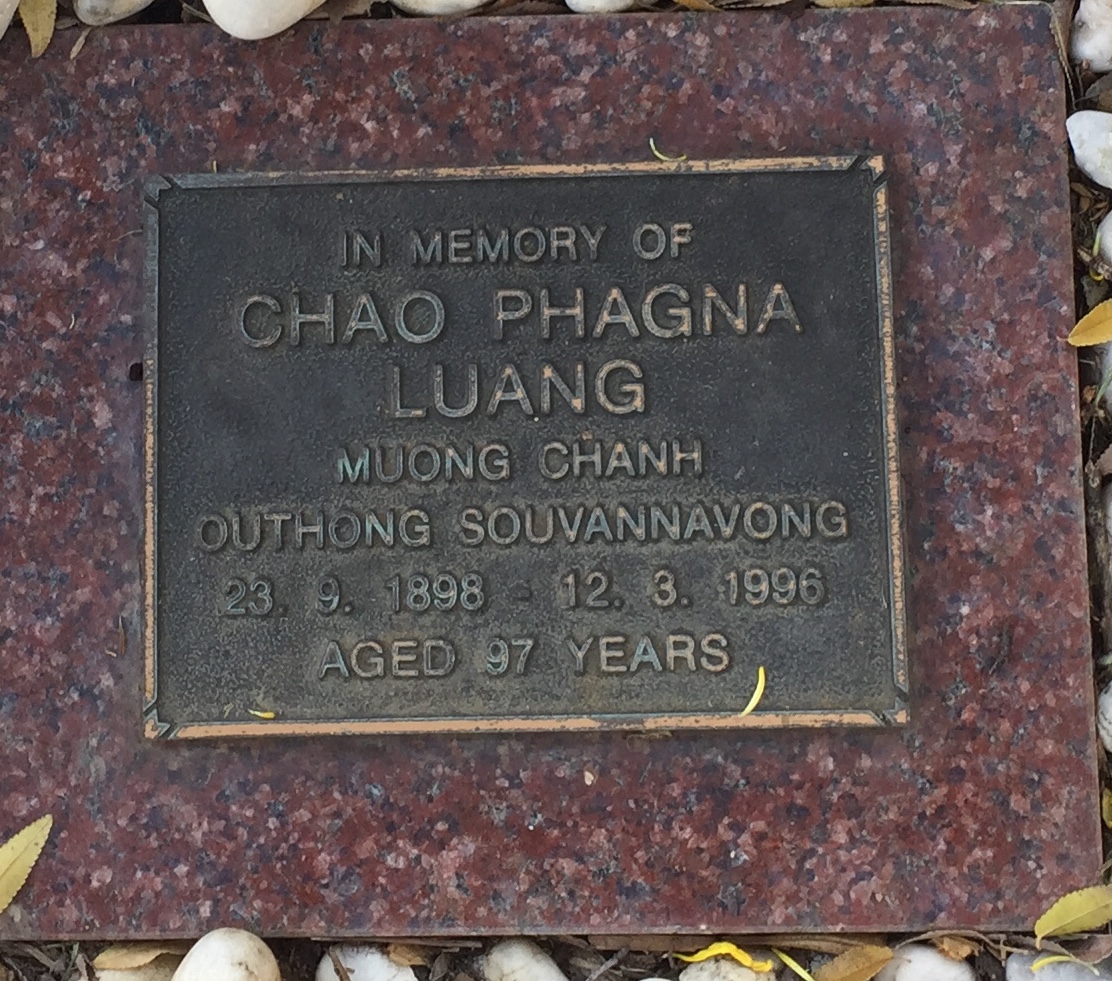 Memorial headstone: In Memory of Chao Phagna Luang Muong Chanh Outhong Souvannavong, 23 September 1898 to 12 March 1996